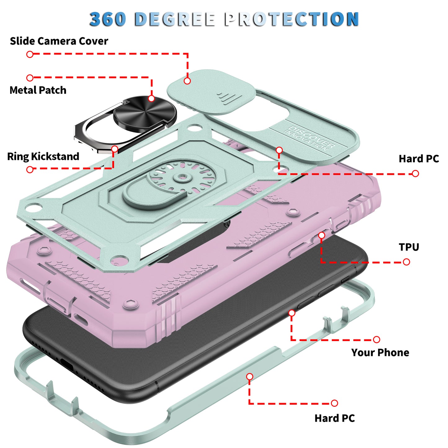 Shockproof Hard PC Back + TPU Frame Protective Case with Kickstand and Slide Camera Lens Protection for iPhone 11 Pro 5.8 inch