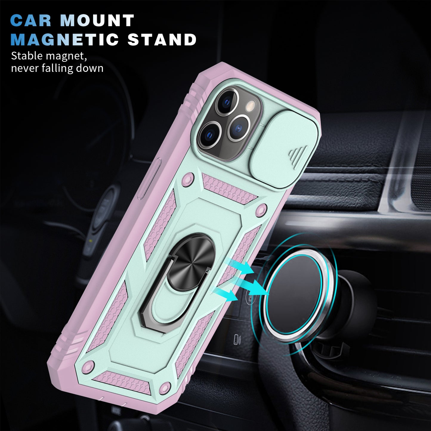 Shockproof Hard PC Back + TPU Frame Protective Case with Kickstand and Slide Camera Lens Protection for iPhone 11 Pro 5.8 inch