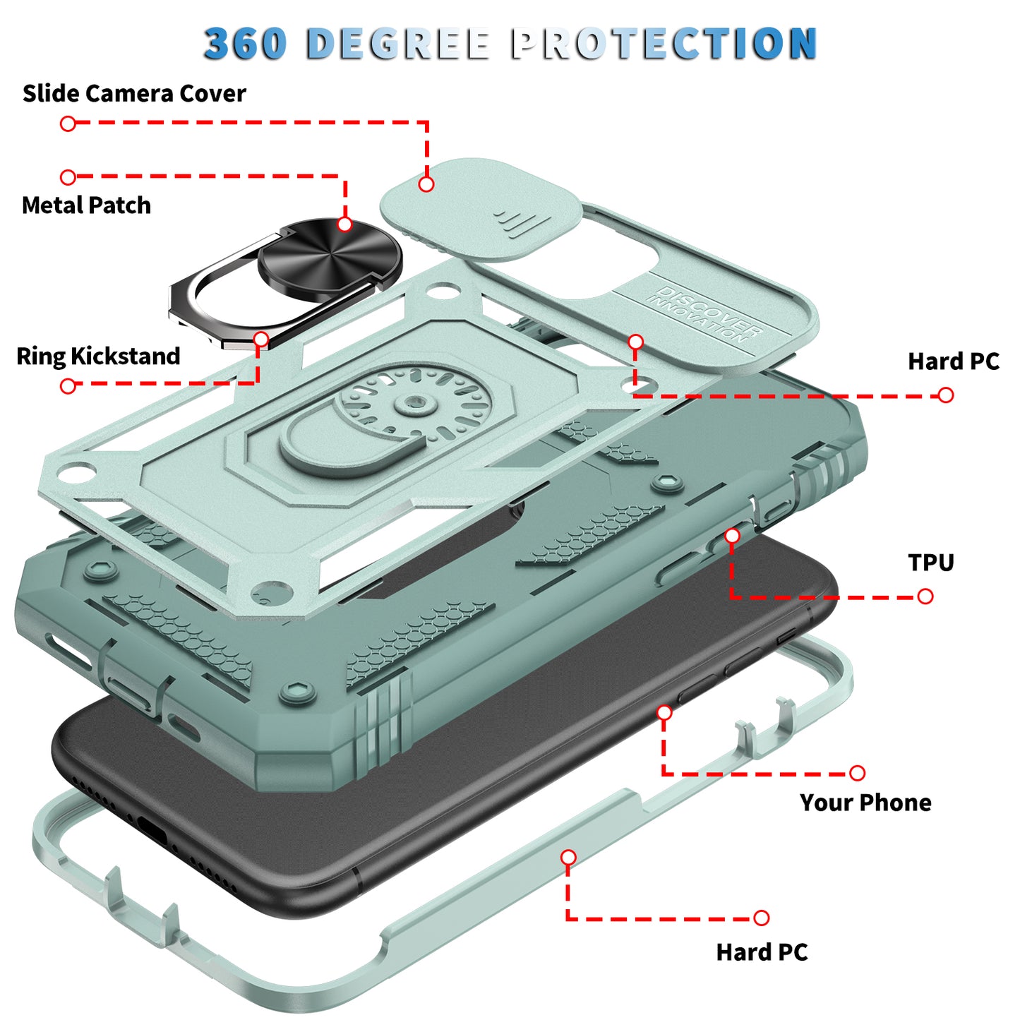 Shockproof Hard PC Back + TPU Frame Protective Case with Kickstand and Slide Camera Lens Protection for iPhone 11 Pro 5.8 inch