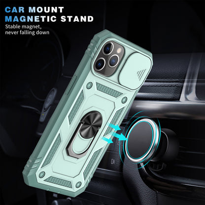 Shockproof Hard PC Back + TPU Frame Protective Case with Kickstand and Slide Camera Lens Protection for iPhone 11 Pro 5.8 inch