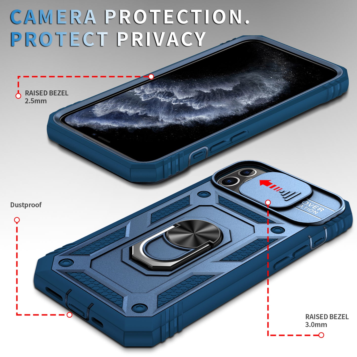 Shockproof Hard PC Back + TPU Frame Protective Case with Kickstand and Slide Camera Lens Protection for iPhone 11 Pro 5.8 inch