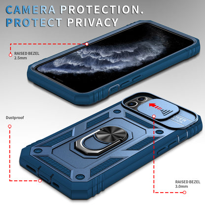 Shockproof Hard PC Back + TPU Frame Protective Case with Kickstand and Slide Camera Lens Protection for iPhone 11 Pro 5.8 inch