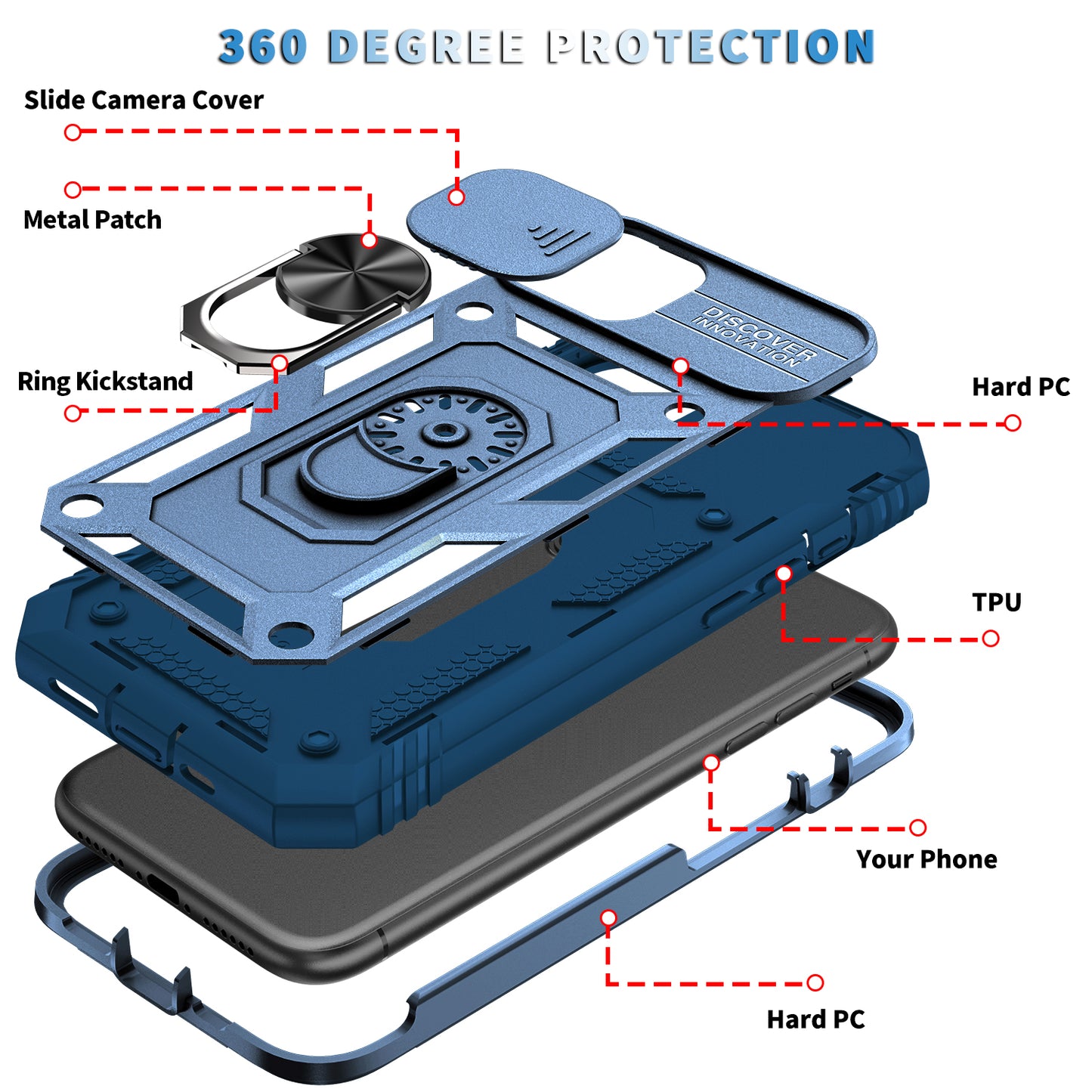 Shockproof Hard PC Back + TPU Frame Protective Case with Kickstand and Slide Camera Lens Protection for iPhone 11 Pro 5.8 inch