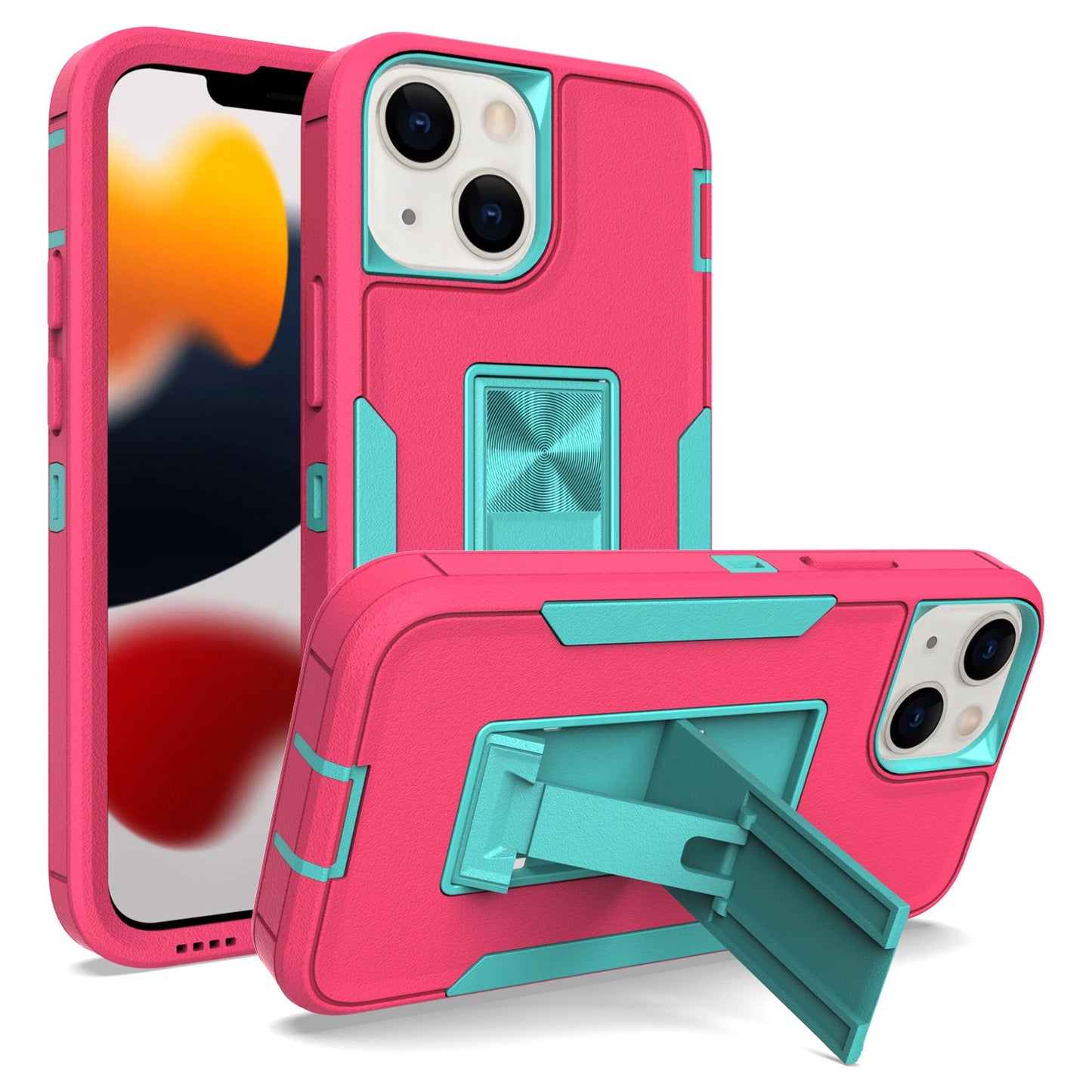 For iPhone 13 mini 5.4 inch Back Shell, Bump Proof PC + TPU Hybrid Phone Cover with Integrated Kickstand Car Mount Metal Sheet Case