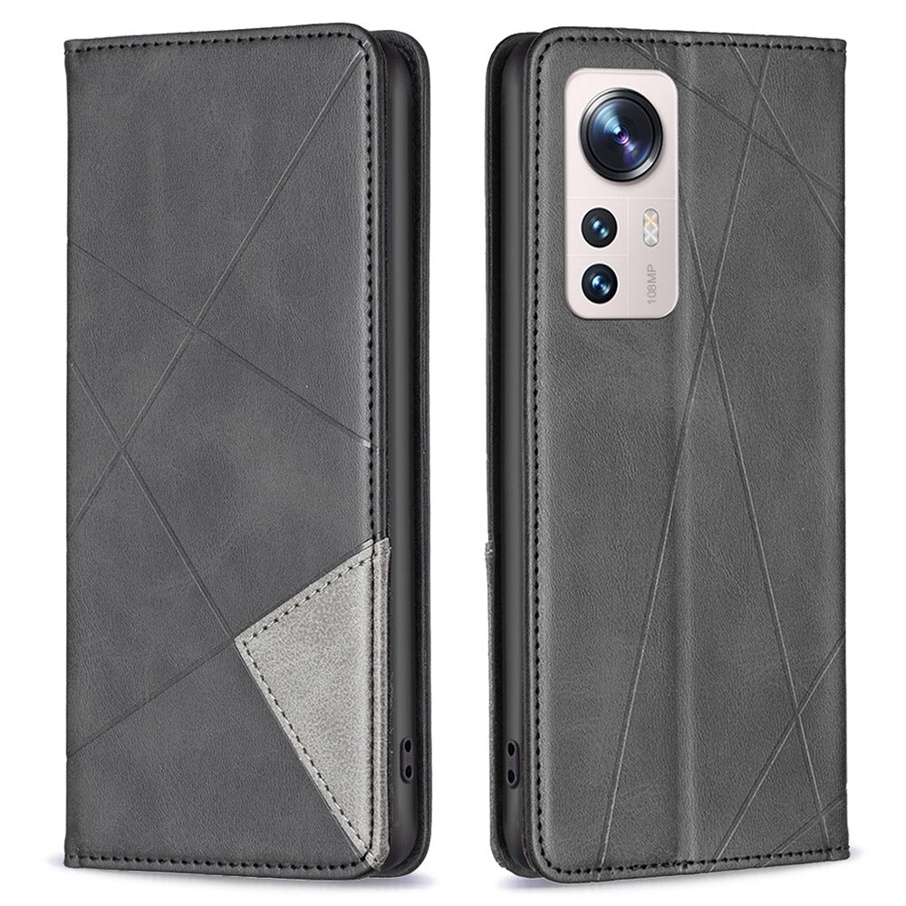 For Xiaomi 12 Lite BF Imprinting Pattern Series-1 Geometric Imprinted Magnetic Auto-absorbed PU Leather Cover Card Holder Stand Inner TPU Case