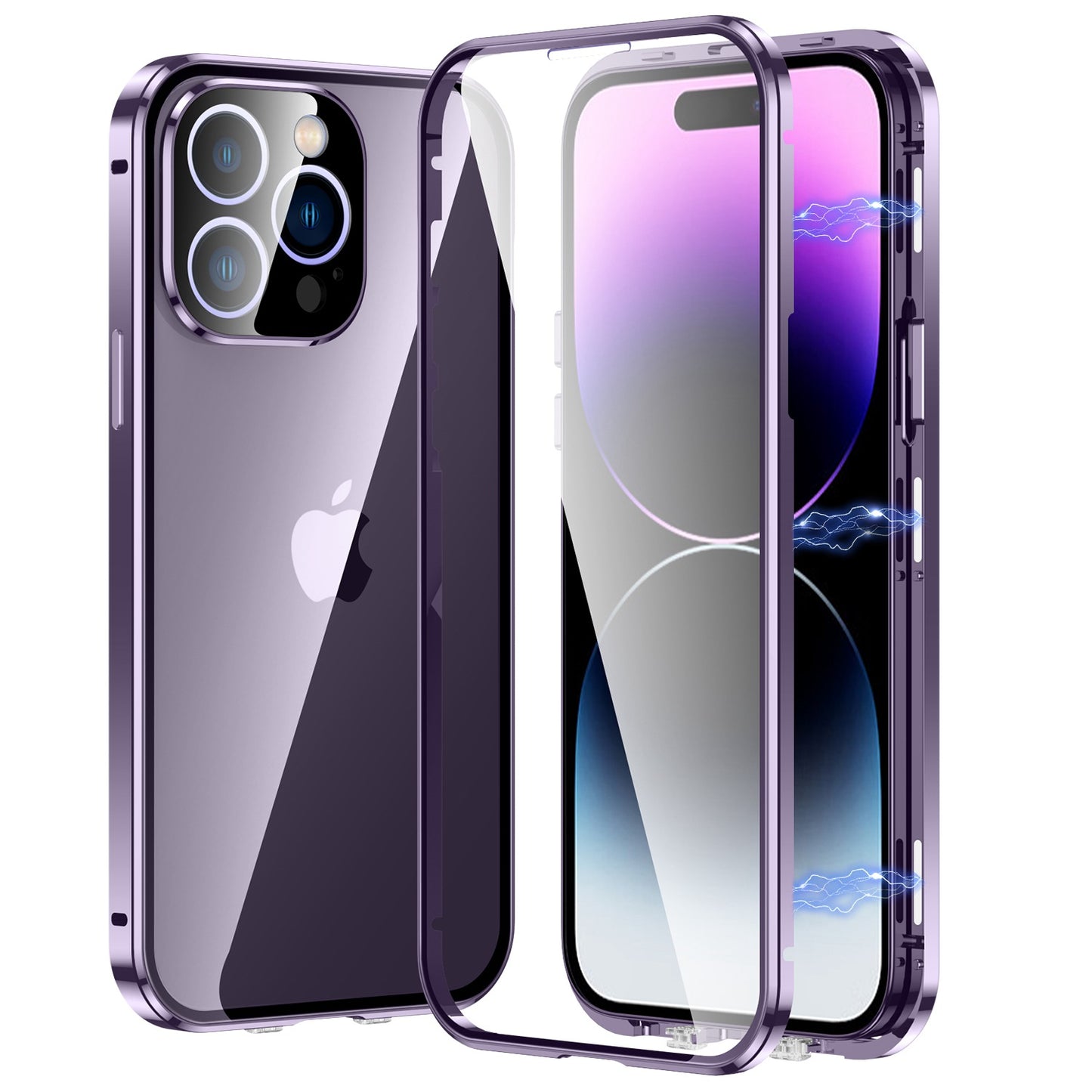 For iPhone 14 Pro Max Phone Case Full Protection Shockproof Case Metal + Tempered Glass Magnetic Phone Cover with Self-Locking Buckle