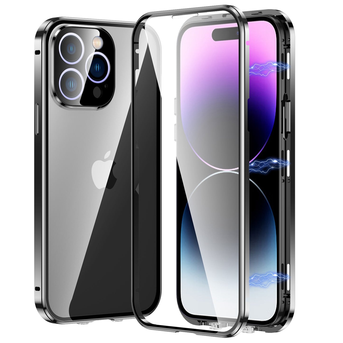 For iPhone 14 Pro Max Phone Case Full Protection Shockproof Case Metal + Tempered Glass Magnetic Phone Cover with Self-Locking Buckle