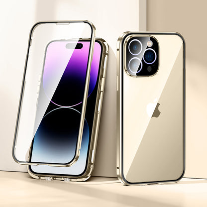 For iPhone 14 Pro Max Phone Case Full Protection Shockproof Case Metal + Tempered Glass Magnetic Phone Cover with Self-Locking Buckle