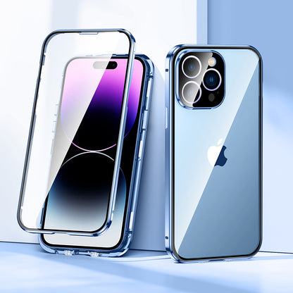 For iPhone 14 Pro Max Phone Case Full Protection Shockproof Case Metal + Tempered Glass Magnetic Phone Cover with Self-Locking Buckle