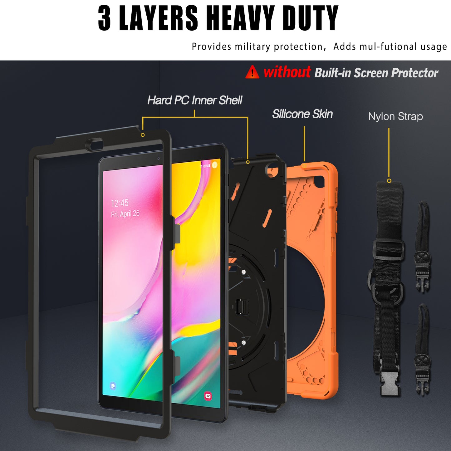 [Built-in Hand Holder Strap] 360Â° Swivel PC + Silicone Combo Kickstand Shell with Shoulder Strap for Samsung Galaxy Tab A 10.1 (2019) SM-T515