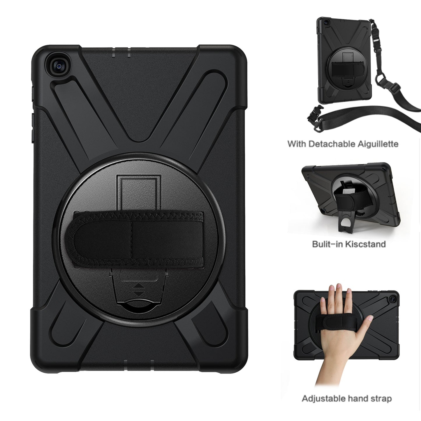 [Built-in Hand Holder Strap] 360° Swivel PC + Silicone Combo Kickstand Shell with Shoulder Strap for Samsung Galaxy Tab A 10.1 (2019) SM-T515