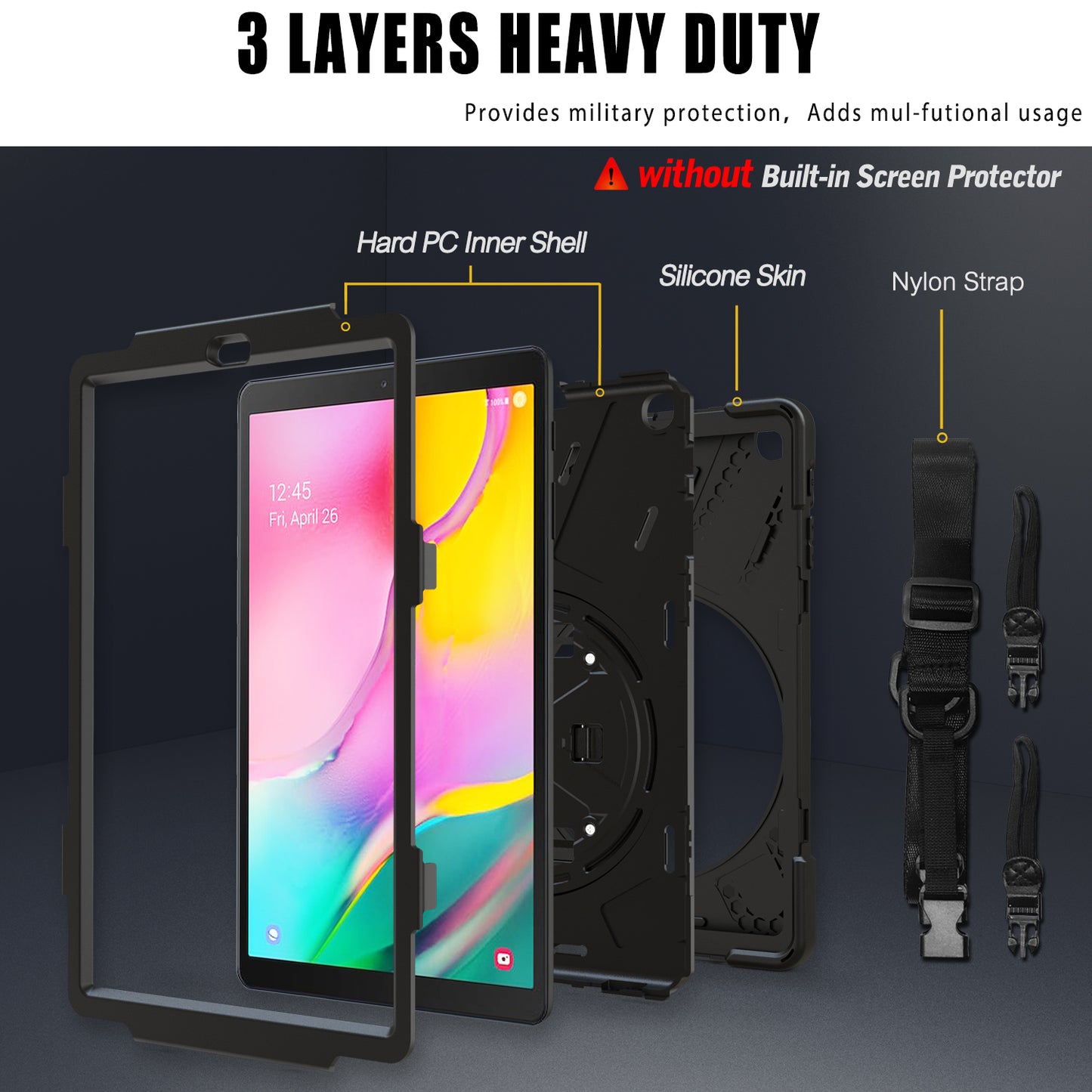 [Built-in Hand Holder Strap] 360Â° Swivel PC + Silicone Combo Kickstand Shell with Shoulder Strap for Samsung Galaxy Tab A 10.1 (2019) SM-T515