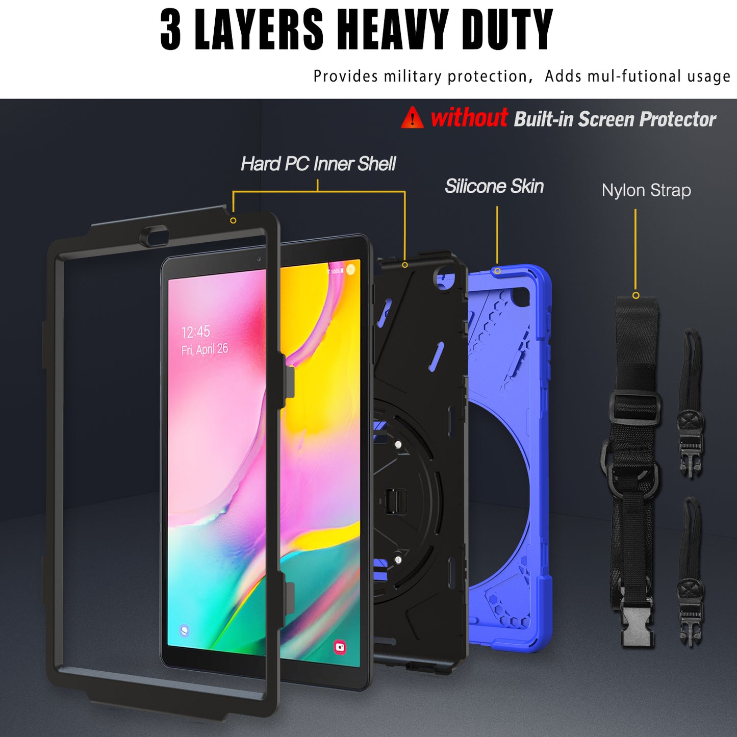 [Built-in Hand Holder Strap] 360Â° Swivel PC + Silicone Combo Kickstand Shell with Shoulder Strap for Samsung Galaxy Tab A 10.1 (2019) SM-T515