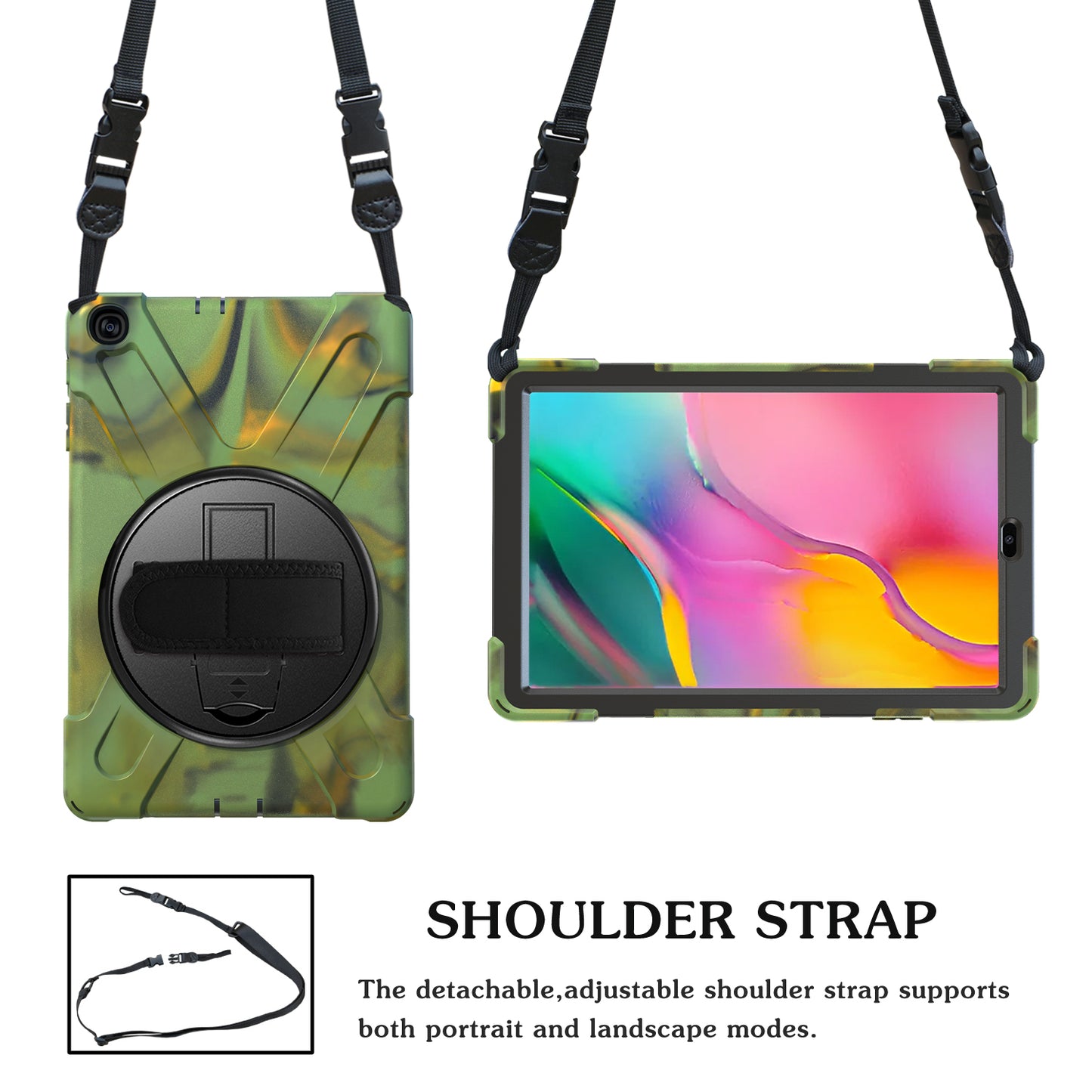 [Built-in Hand Holder Strap] 360Â° Swivel PC + Silicone Combo Kickstand Shell with Shoulder Strap for Samsung Galaxy Tab A 10.1 (2019) SM-T515