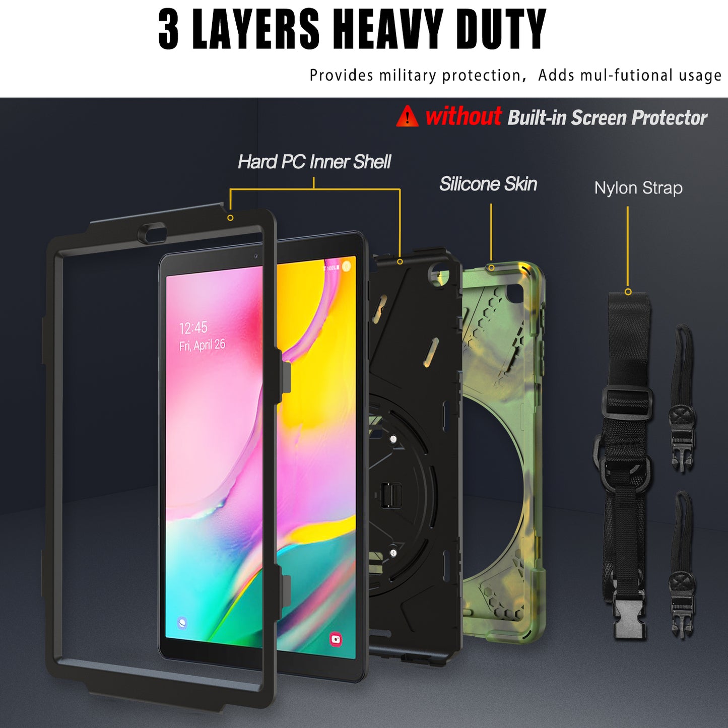 [Built-in Hand Holder Strap] 360Â° Swivel PC + Silicone Combo Kickstand Shell with Shoulder Strap for Samsung Galaxy Tab A 10.1 (2019) SM-T515