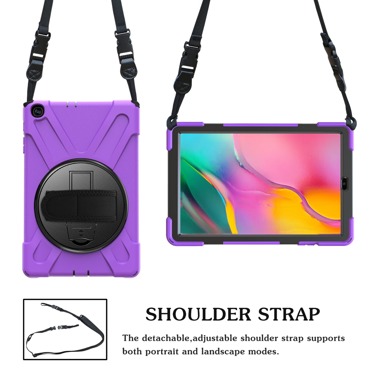 [Built-in Hand Holder Strap] 360Â° Swivel PC + Silicone Combo Kickstand Shell with Shoulder Strap for Samsung Galaxy Tab A 10.1 (2019) SM-T515