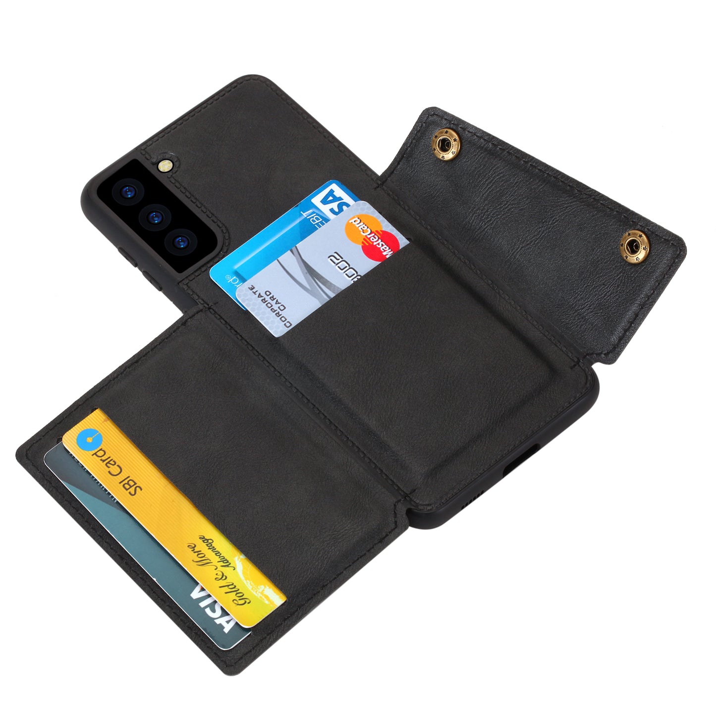 [Built-in Vehicle Magnetic Sheet] PU Leather Coated TPU Shell Case Kickstand + Card Slots for Samsung Galaxy S21 Plus 5G