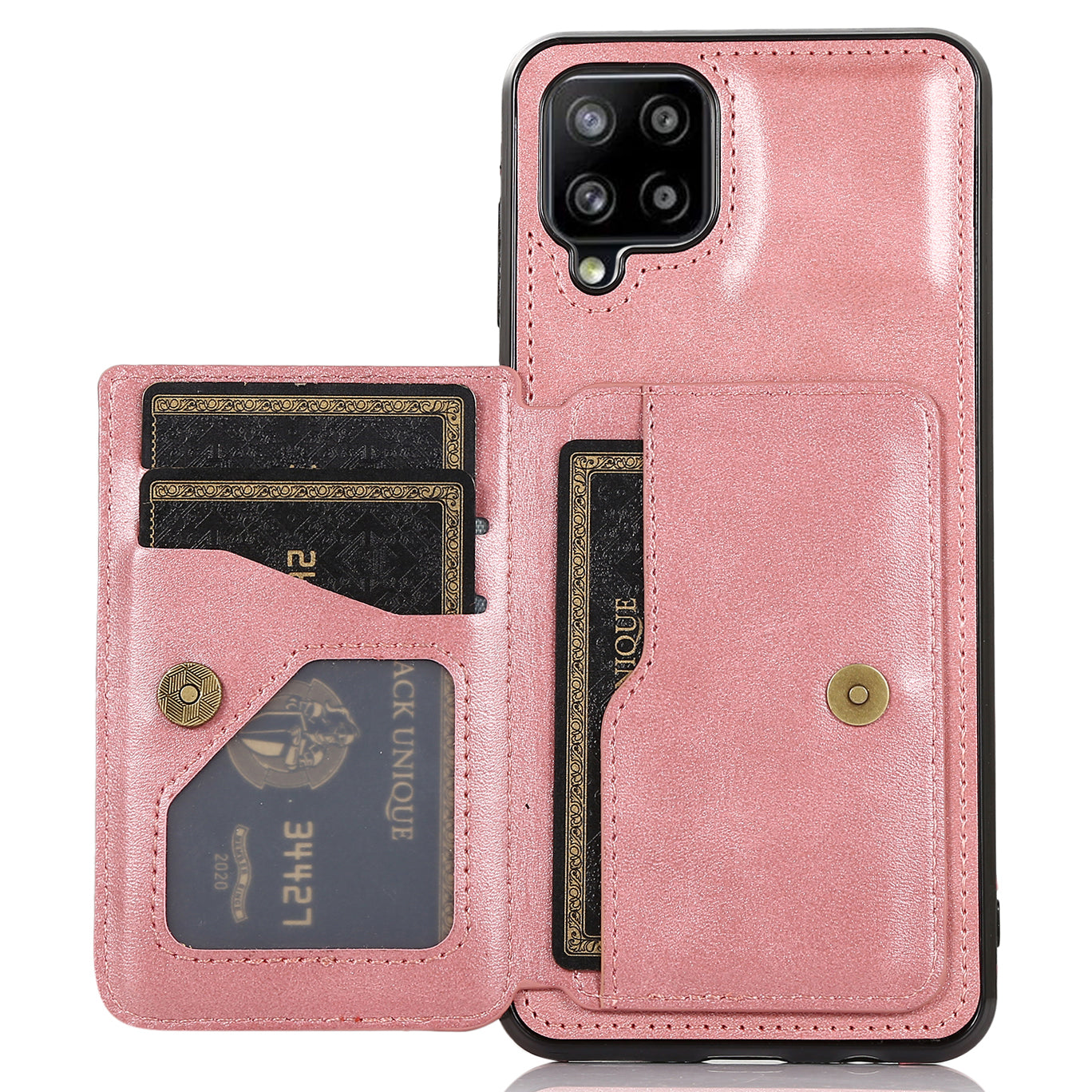 [Built-in Magnetic Metal Sheet] Protective Card Holders PU Leather PC TPU Hybrid Phone Case with Kickstand for Samsung Galaxy A12