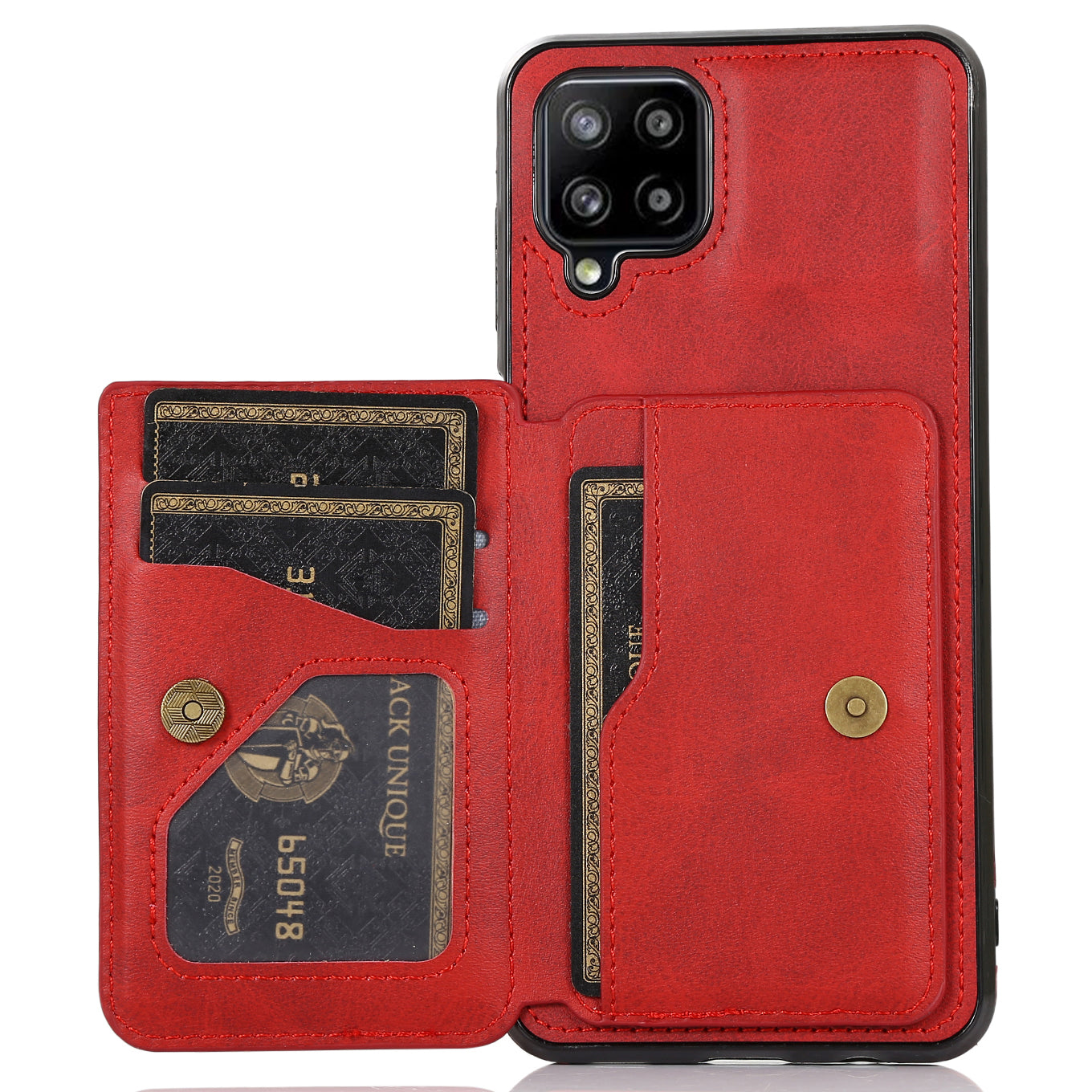 [Built-in Magnetic Metal Sheet] Protective Card Holders PU Leather PC TPU Hybrid Phone Case with Kickstand for Samsung Galaxy A12