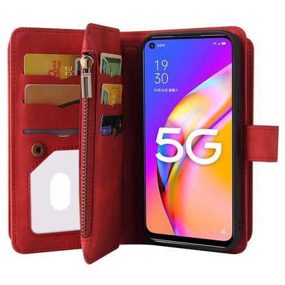 For Oppo A54 5G/A74 5G/A93 5G KT Multi-functional Series-2 Shockproof TPU Frame + Skin-touch Feel Leather Wallet Stand Case with Multiple Card Slots and Zipper Pocket