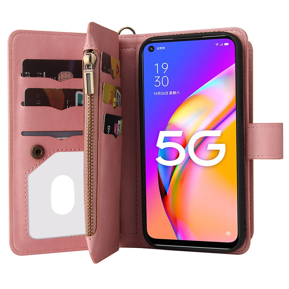 For Oppo A54 5G/A74 5G/A93 5G KT Multi-functional Series-2 Shockproof TPU Frame + Skin-touch Feel Leather Wallet Stand Case with Multiple Card Slots and Zipper Pocket