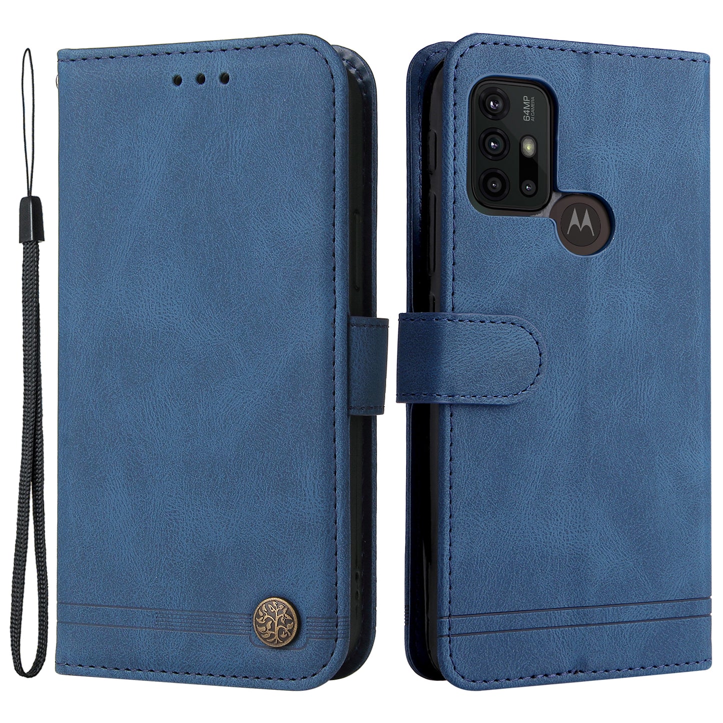 Retro Tree Pattern Metal Button Decor Phone Flip Case Stand PU Leather+TPU Cover for Motorola Moto G10/G20/G30/G10 Power