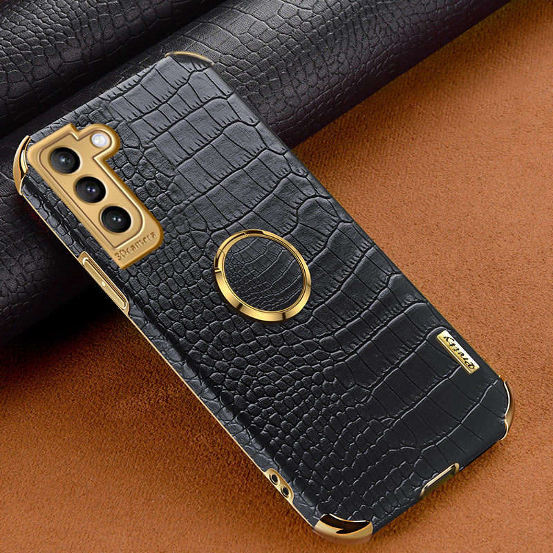 For Samsung Galaxy S21 FE 5G Crocodile Texture 6D Electroplated Kickstand Phone Case PU Leather Coated TPU Cover