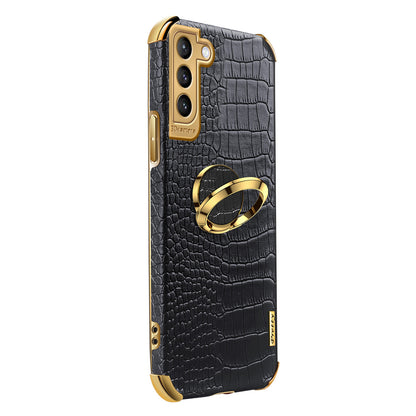 For Samsung Galaxy S21 FE 5G Crocodile Texture 6D Electroplated Kickstand Phone Case PU Leather Coated TPU Cover