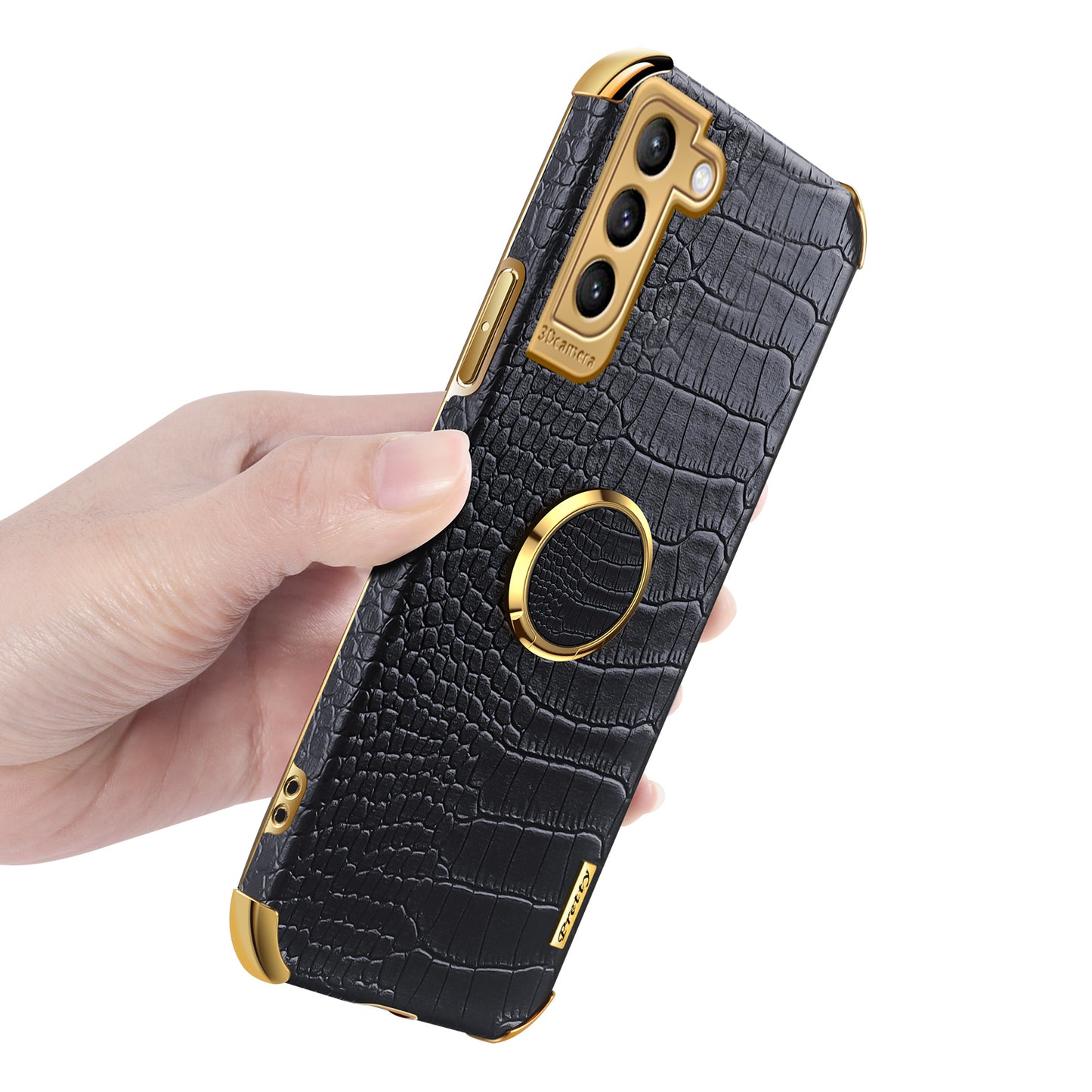 For Samsung Galaxy S21 FE 5G Crocodile Texture 6D Electroplated Kickstand Phone Case PU Leather Coated TPU Cover