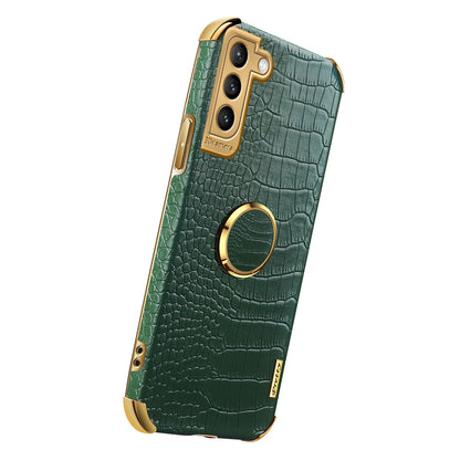 For Samsung Galaxy S21 FE 5G Crocodile Texture 6D Electroplated Kickstand Phone Case PU Leather Coated TPU Cover