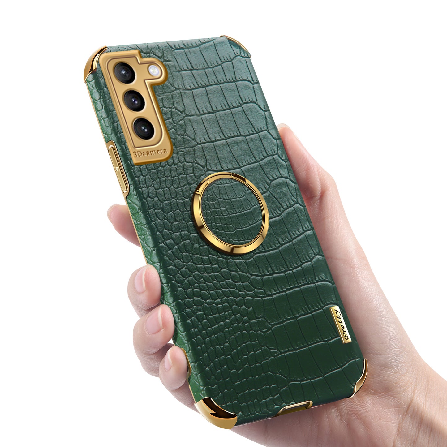 For Samsung Galaxy S21 FE 5G Crocodile Texture 6D Electroplated Kickstand Phone Case PU Leather Coated TPU Cover