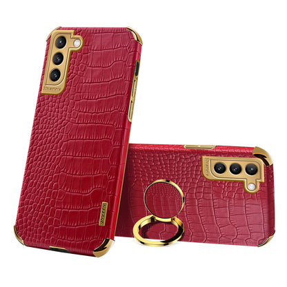 For Samsung Galaxy S21 FE 5G Crocodile Texture 6D Electroplated Kickstand Phone Case PU Leather Coated TPU Cover