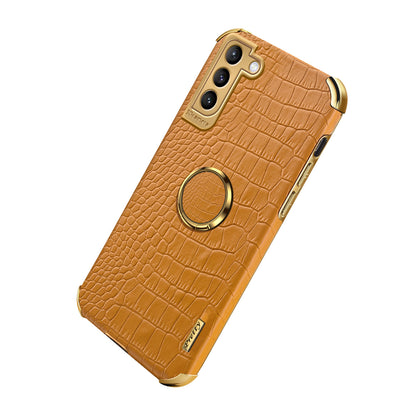 For Samsung Galaxy S21 FE 5G Crocodile Texture 6D Electroplated Kickstand Phone Case PU Leather Coated TPU Cover