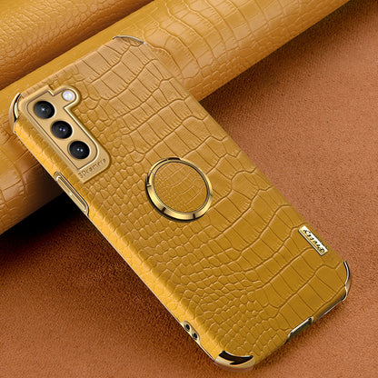 For Samsung Galaxy S21 FE 5G Crocodile Texture 6D Electroplated Kickstand Phone Case PU Leather Coated TPU Cover