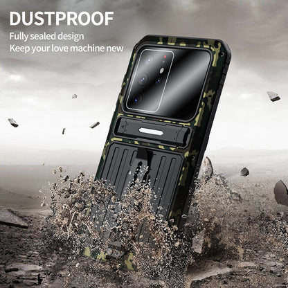 For Samsung Galaxy S22 Ultra 5G Anti-Fall Anti-dust Waterproof Full Protection Case TPU+Metal Cover Shell with Kickstand and Strap