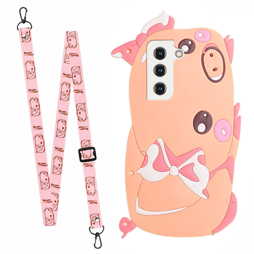 For Samsung Galaxy S22 5G 3D Cartoon Design Shoulder Strap Phone Case Silicone + TPU Hybrid Cover Shell