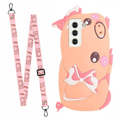 For Samsung Galaxy S22 5G 3D Cartoon Design Shoulder Strap Phone Case Silicone + TPU Hybrid Cover Shell