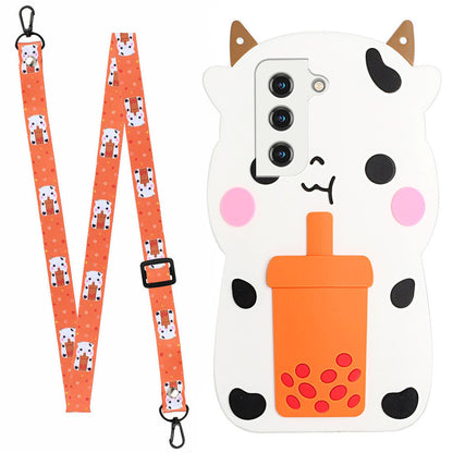 For Samsung Galaxy S22 5G 3D Cartoon Design Shoulder Strap Phone Case Silicone + TPU Hybrid Cover Shell