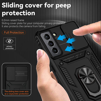 For Samsung Galaxy S21 FE 5G Ring Kickstand PC + TPU Hybrid Cover Slide Camera Protection Phone Case