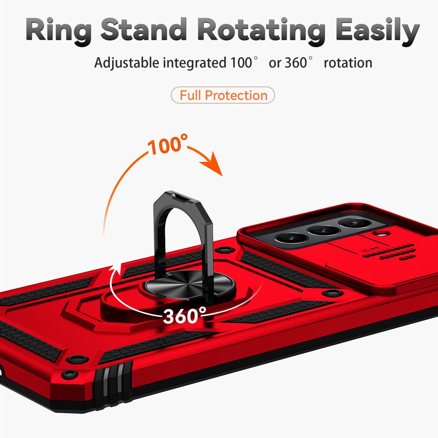 For Samsung Galaxy S21 FE 5G Ring Kickstand PC + TPU Hybrid Cover Slide Camera Protection Phone Case