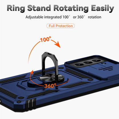 For Samsung Galaxy S21 FE 5G Ring Kickstand PC + TPU Hybrid Cover Slide Camera Protection Phone Case