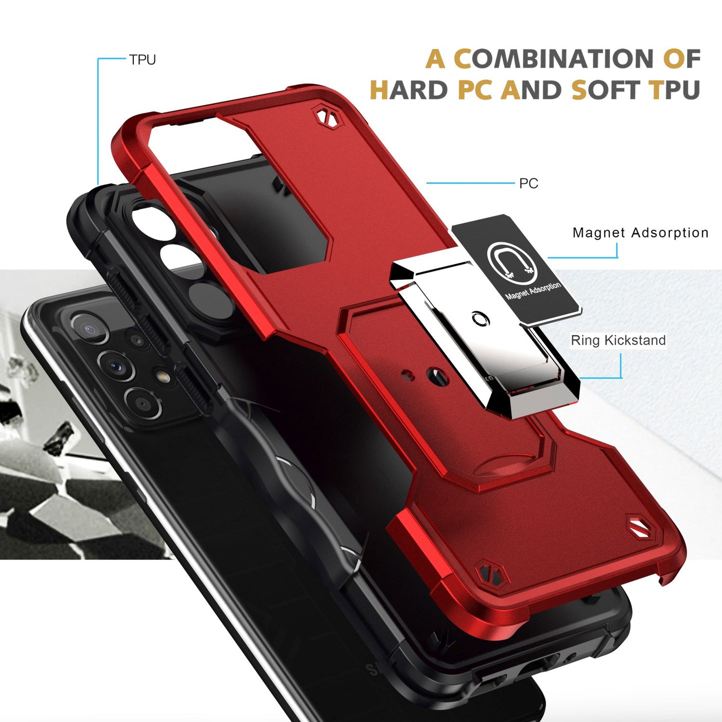 For Samsung Galaxy A73 5G Shockproof Hard PC Soft TPU Hybrid Phone Shell Case with Ring Kickstand