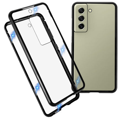 For Samsung Galaxy S21 FE 5G Metal Bumper + Double-sided Tempered Glass Shell 360 Degree Full Body Protection Magnetic Phone Case