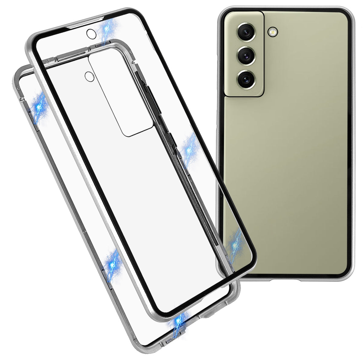 For Samsung Galaxy S21 FE 5G Metal Bumper + Double-sided Tempered Glass Shell 360 Degree Full Body Protection Magnetic Phone Case