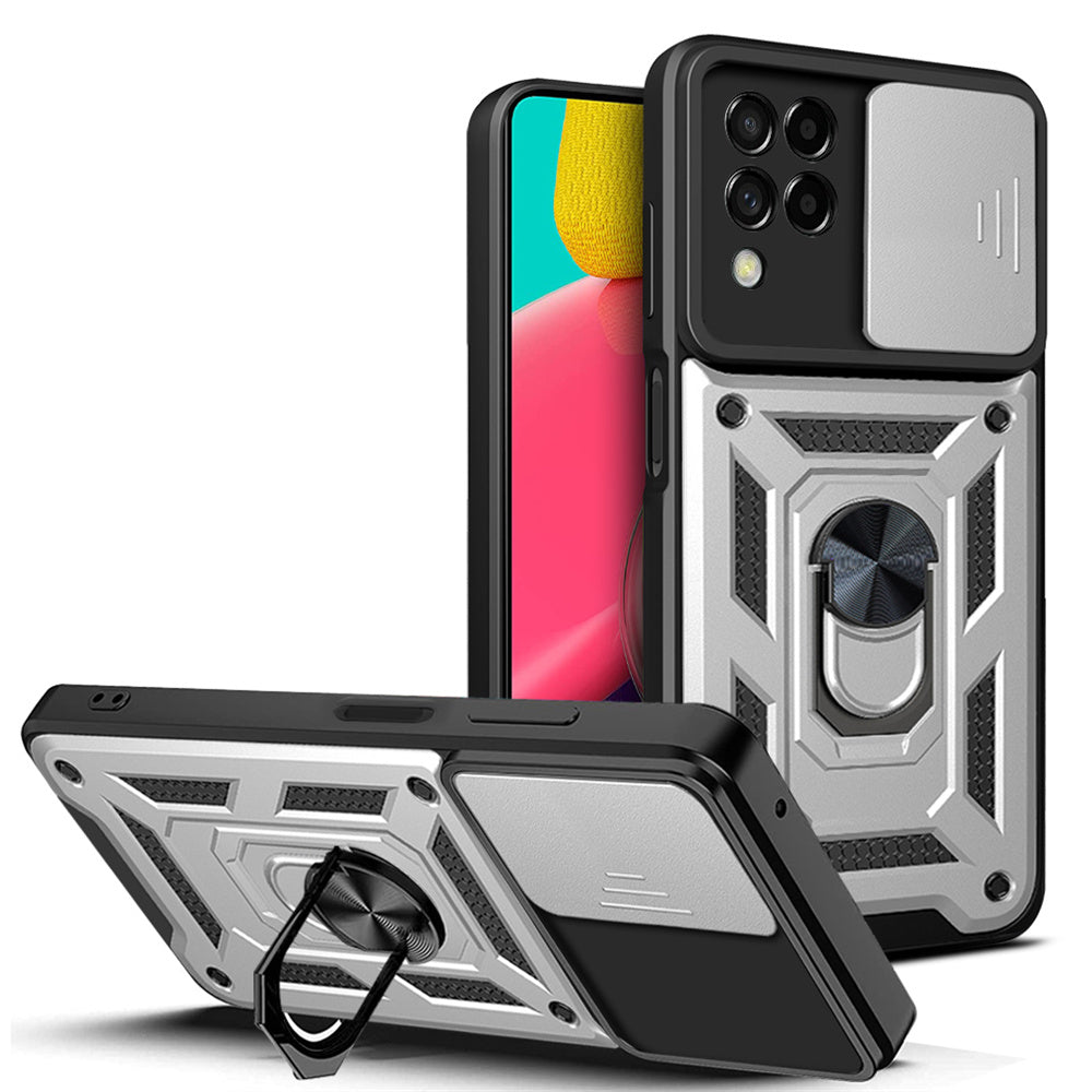 For Samsung Galaxy M53 5G Ring Kickstand Phone Case Soft TPU + Hard PC Hybrid Shockproof Protective Case with Camera Cover