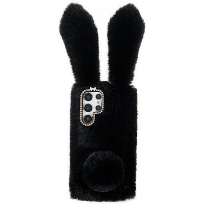 For Samsung Galaxy S22 Ultra 5G Cute 3D Bunny Ears Furry Winter Warm Case Soft TPU Protective Phone Cover with Glitter Rhinestone Bowknot