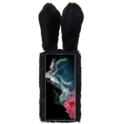 For Samsung Galaxy S22 Ultra 5G Cute 3D Bunny Ears Furry Winter Warm Case Soft TPU Protective Phone Cover with Glitter Rhinestone Bowknot