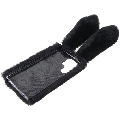 For Samsung Galaxy S22 Ultra 5G Cute 3D Bunny Ears Furry Winter Warm Case Soft TPU Protective Phone Cover with Glitter Rhinestone Bowknot