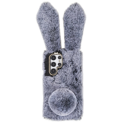 For Samsung Galaxy S22 Ultra 5G Cute 3D Bunny Ears Furry Winter Warm Case Soft TPU Protective Phone Cover with Glitter Rhinestone Bowknot