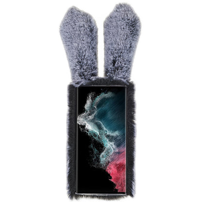 For Samsung Galaxy S22 Ultra 5G Cute 3D Bunny Ears Furry Winter Warm Case Soft TPU Protective Phone Cover with Glitter Rhinestone Bowknot